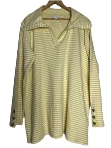 J Jill Soft Tunic Top Large Yellow White Striped Collared Cozy Nautical Preppy - Picture 1 of 6