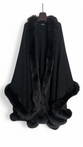 Loro Piana Black 100% Cashmere Cape With Fox Fur Trim- - Picture 1 of 6