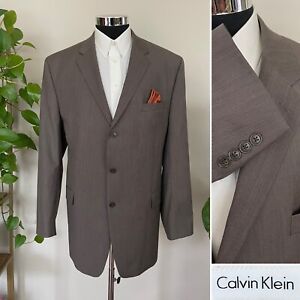 Calvin Klein Mens Three Button Brown Blazer Wool Sport Coat Jacket Size 48L