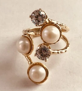 Signed ISRAEL 925 Gold over Sterling Silver Genuine Pearl & CZ Ring Sz 7.25 - Picture 1 of 6