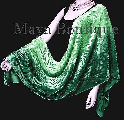 Maya Matazaro Hand Dyed Emerald Green Camellia Shawl Wrap Scarf Burnout Velvet  - Image 1 of 2