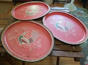 VINTAGE MCM OVAL METAL TRAYS MAXEY RETRO 3 RED PEACOCK TOLEWARE SERVERS 14.5" - Picture 1 of 12