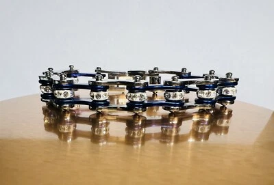 10mm Women's Chrome & Blue Stainless Steel Motorcycle Bike Chain Bracelet - Image 1 of 4