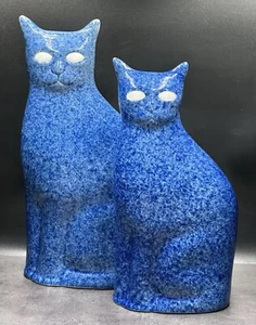 Vintage SET (2) Blue Speckled Spongeware Kitty Cat Statues Ceramic Figurines - Picture 1 of 21