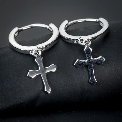 White Gold Plated Men's Sterling Silver Dangle Drop Cross Huggie Hoop Earrings - Image 1 of 4