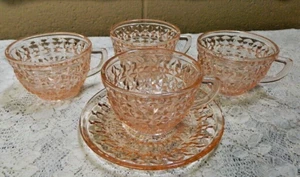 Vintage 5 Pc. Jeannette Depression Pink Holiday Buttons & Bows Tea/Punch Cups - Picture 1 of 5