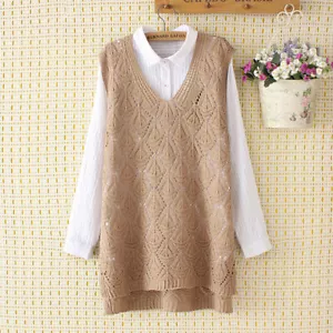 Women Mid-Length Xl Hollow Knit Waistcoat V-Neck Hand Knitted Waistcoat Vest - Picture 1 of 14