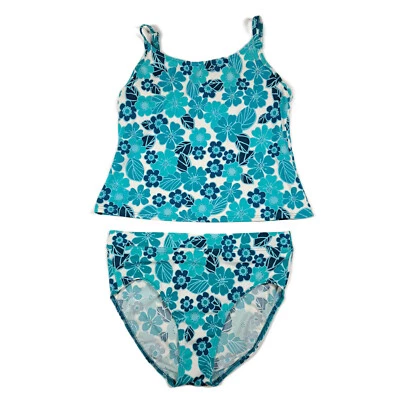 LL Bean Womens Tankini Swimsuit 8 Blue Floral 2 Piece Bikini Top Bottom Brief M - Image 1 of 4