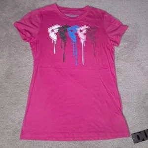 Vtg Y2k Famous Stars & Straps T-shirt Teen Girls L Pink Glitter Logo Drip - Picture 1 of 10