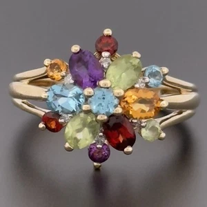 9ct Yellow Gold Assorted Gemstone Cluster Ring Size L Hallmarked - Picture 1 of 10