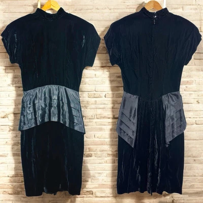 Vintage Velvet Mock Neck Peplum Tiered Satin Ruffle Short Sleeve Midi Dress Goth - Image 1 of 4