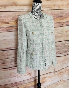 Nanette Lepore Women’s Green Pink Plaid Tweed Open Front Pearl Button Jacket NWT - Picture 1 of 17