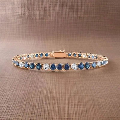 14K Rose Gold Plated Round Cut Lab Created Sapphire Tennis Women's Bracelet - Image 1 of 4