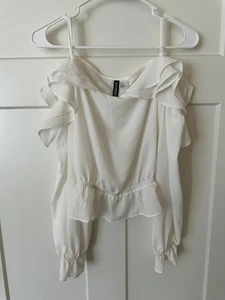 Blusa para mujer H&M blanca dividida con volantes y hombros descubiertos peplum talla M - Imagen 1 de 6