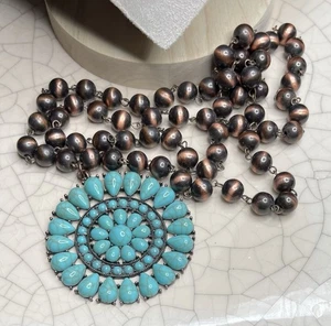 Faux Turquoise Beaded Necklace 26” Lucite Long Cowboy Western Style - Picture 1 of 2