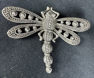 Pyrite Silver tone Rhinestone Dragonfly Brooch Hat Jacket Pin 2.5” Wingspan - Picture 1 of 8