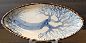 Studio Art Pottery Ceramic Hand Painted Blue Tree Oval Serving Plate Dish - 9.5" - Picture 1 of 5