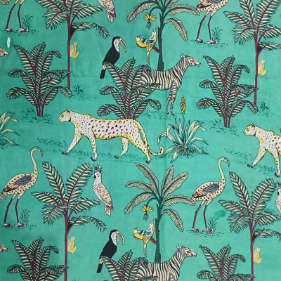100% Cotton Fabric Sanganeri Handmade Printed Turquoise 5 Yard Craft Sewing Anim - Image 1 of 4