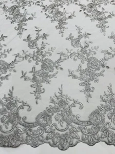 Bordado SilverMetallic Cuerdado Flores en Malla Tela de Encaje - Baile de graduación - Vendido por Yarda - Imagen 1 de 4