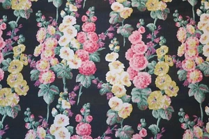 SANDERSON CURTAIN FABRIC DESIGN "Hollyhocks" 1 METRES EBONY/CERISE LINEN BLEND - Picture 1 of 10
