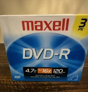 Maxell DVD-R Discs Write Once 4.7 GB 120 Min with Jewel Cases Pack of 3 Disc - Picture 1 of 7