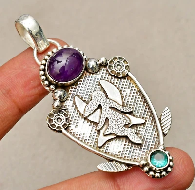 Ciondolo gioiello fatto a mano in argento sterling 925 con pietra preziosa am... - Immagine 1 di 4