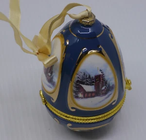 MR. CHRISTMAS MUSICAL PORCELAIN EGG ORNAMENT, BLUE w CHURCH, VALERIE PARR HILL - Picture 1 of 5