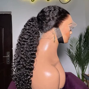 Black Color 13X4 HD Lace Frontal Synthetic Wig for Women Ponytails Deep Curly Pr - Picture 1 of 6