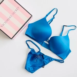 32C MEDIUM Victorias Secret blue enamel pushup bra set bling vstring panties - Picture 1 of 6
