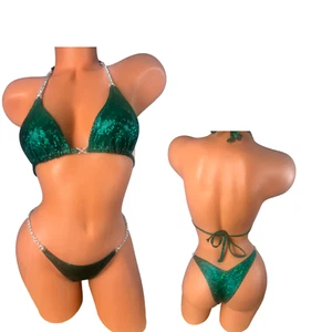 Green metallic pageant birthday fitness competition bikini size C top S bottom - Picture 1 of 4