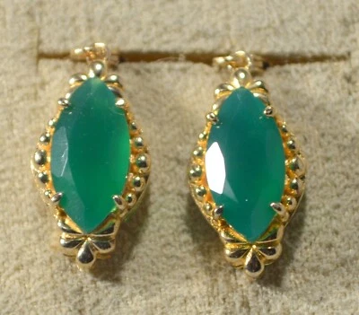 ЗЕЛЕНЫЙ ОНИКС 14 x 7 мм маркиза подвеской серьги-18k желтое золото/серебро - Изображение 1 из 4