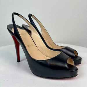 Christian Louboutin No Prive Peep Toe Slingback Pumps Black Leather Size 39.5 - Picture 1 of 24