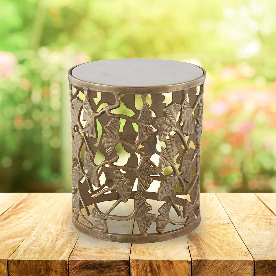 Luxurious Look Aluminum Gingko Leaf Stool With Marble Top Indoor Outdoor Decor - Image 1 of 3