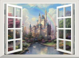 Adesivo murale castello di Cenerentola effetto 3D vista finestra wall sticker poster arte murale - Foto 1 di 6