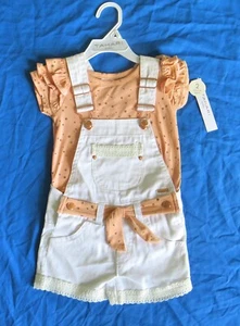 Tahari Mädchen weiß Denim Spitzenbesatz Overall Shorts mit Pfirsich Glitzer Top 2T Neu mit Etikett - Bild 1 von 12