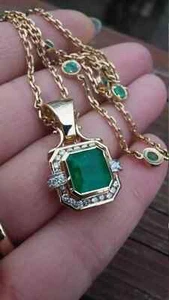 2.70Ct Asscher Cut Emerald Diamond Halo Pendant 14K Yellow Gold Finish - Picture 1 of 3