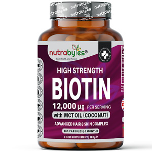 Biotin 12000mcg | MCT Coconut Oil | 180 Capsules | Hair Skin & Nails (6 Months)