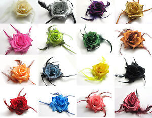 Rose Flower Feather Glitter Corsage Hair Clip Women Wedding Party Brooch Hairpin