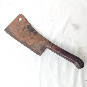 Antique Meat Cleaver Butcher Knife 8" Edge Full Tang Wood Handle Hog Splitter - Picture 1 of 9