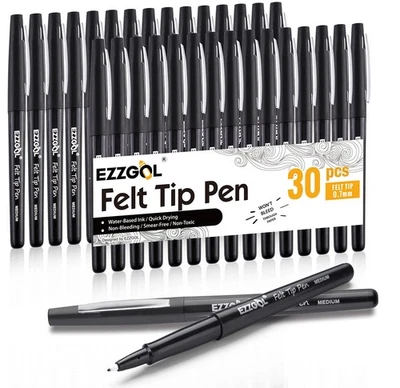 Ezzgol Black Felt Tip Pens, 30 Pack, 0.7mm Premium Medium Fine Point, Felt Ti...