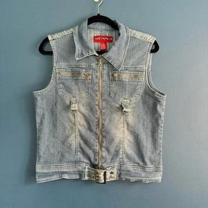 Y2K Denim Vest Women's Size Medium Solo Jeans Stripe Biker Belt Punk Emo Vintage - Picture 1 of 7