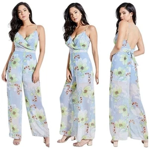 Guess Blue Jumpsuit Floral L Large 10 Sheer Spaghetti Strap Surplice - Picture 1 of 12