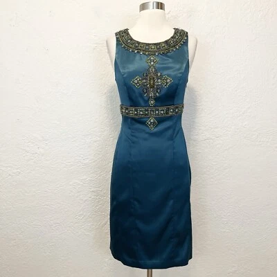 Винтажное платье Sue Wong размер 6 атласный бирюзовый синий бисер ювелирные изделия - Изображение 1 из 4