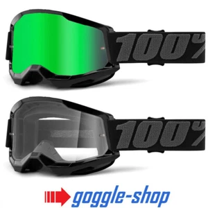 100% STRATA 2 MOTOCROSS MX BIKE MTB GOGGLES BLACK CLEAR / GREEN MIRROR LENS - Picture 1 of 3