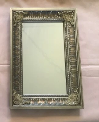 1 Ethan Allen Rectangular Accent Mirror Ornate Gold Silver Tan  12.5”x8.5” - Image 1 of 4