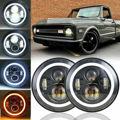 Pair 7" Round LED Headlights Ring DRL For Chevy C10 C20 Pickup LUV Camaro Nova - Image 1 of 4