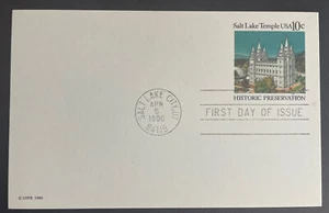 UX83 FDC Salt Lake City Temple 1980 Postal Card 10c Historic Preservation - Picture 1 of 2