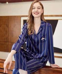 Womens 19MM 100% Pure Mulberry Silk Pajamas Set Stripe Print Silk Sleepwear Navy - Picture 1 of 5