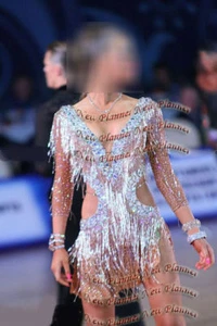 L3947 Gold Perlen Fransen Ballsaal Latein Swing Rumba Samba Tanz Kleid US 12 - Bild 1 von 4