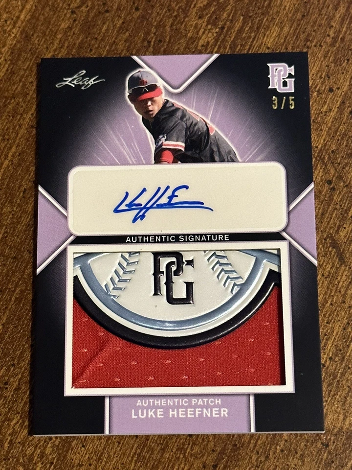 LUKE HEEFNER 2020 Leaf Perfect Game AUTOGRAPH GAME WORN JERSEY LOGO PATCH #3/5 - Image 1 of 3